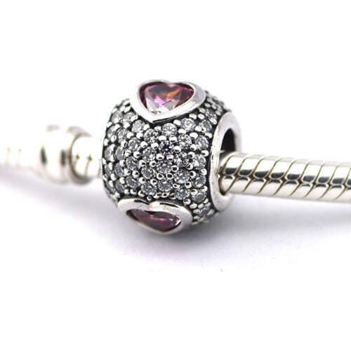 Fits European Pandora Charms Bracelets Fancy Pink Heart Beads Original 925 Sterling Silver AAA Cubic Zirconia Pave Brand JEWELRY