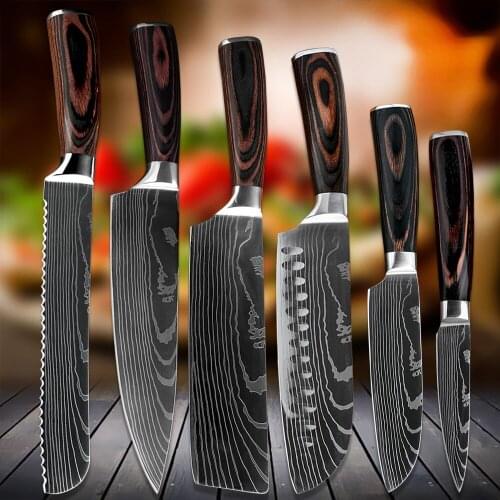 Profession Kitchen Chef Knife Laser Damascus Pattern High Carbon Stainless Steel Non-stick Frozen Santoku Utility Cleaver Knife