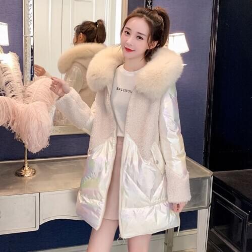 New down jacket womens medium and long lamb hair grain down stitching colorful coat