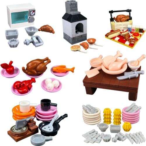 Set Sale MOC BRICKS Christmas turkey food cooking Home cutlery Toys For Children New Year Presents Compatible Block Holiday gift