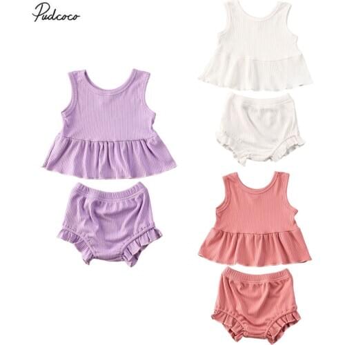 Ribbed Clothes Newborn Baby Girl Outfit Solid Sleeveless Ruffle Top T-shirts Shorts Pants Set Toddler Summer Casual Suit 0-3Y