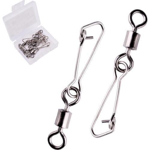 10pcs/ Box Stainless Steel Fishing Bearing MS QL Swivels Interlock Rolling Swivel with Hooked Snap Fishing Hook Connector Tackle