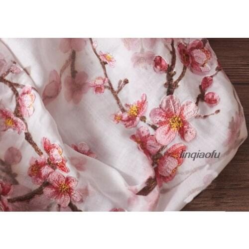 Ethnic style ramie printed pink plum high-end clothing fabric High-end linen fabric