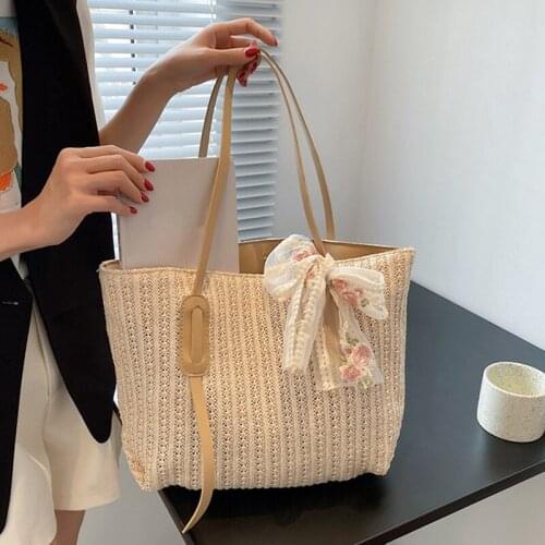 Ladies Summer Casual Straw Woven Top-Handle Handbag Vintage Silk Ribbon Large Capacity Shoulder Underarm Shoulder Bags For Women