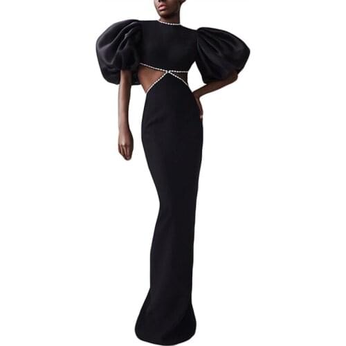 Elegant Floor Length Women Bandage Dress Sexy Black Long Dress Puff Sleeve Backless Lace Up Bodycon Runway Party Dress 2021