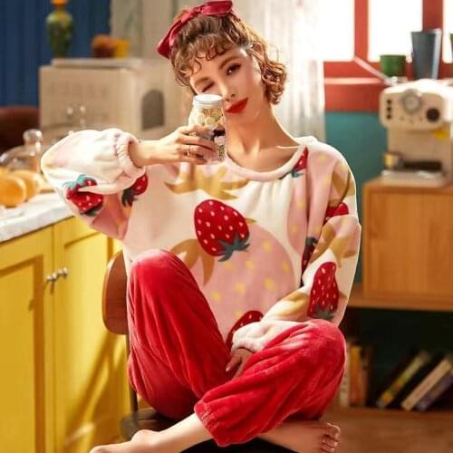 Winter Women Pajamas Warm Cute Night Sleepwear Pijama Mujer Flannel Full-Sleeve Pajamas Set Ladies Homewear Pyjama Girls Clothes