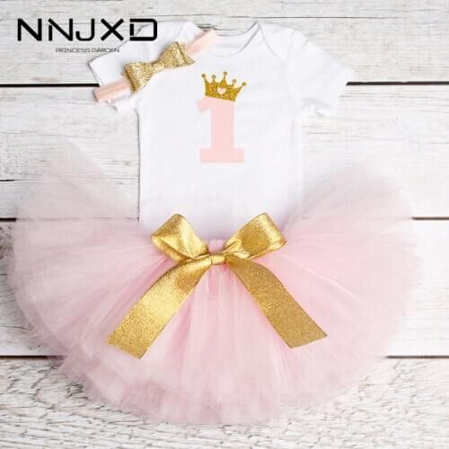 2021 Sweet 1st Birthday Outfits 3pcs for Baby Girls Clothes 12M Tutu Dress With Headband Infant Girls Baptism Party Clothing
