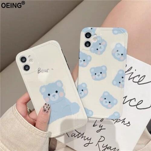 OEING Cartoon Bear Simple Phone Case For Iphone 11 12 Pro Max 7 8 X XS Mini XR SE2 Couple Shockproof Phone Bag Soft Case Cover