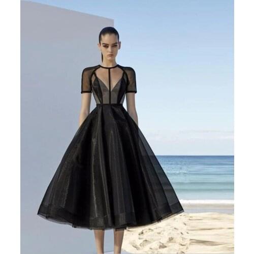 Black Tulle Maxi Prom Dress 2021 Short Sleeves Women Formal Party Dress Tea-Length Vestidos Gala Robes Elegant Evening Gowns