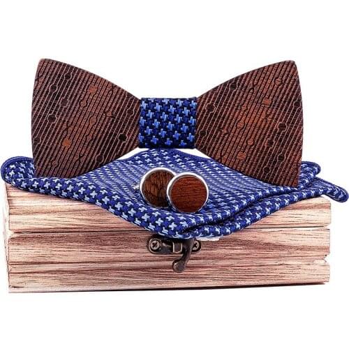 Linbaiway Mens Wood Bowties Polyester Handkerchief Wood Cufflinks Set for Male Wooden Bow Ties Wedding Formal Business Butterfly