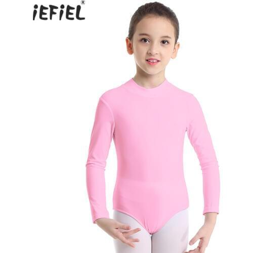 Kids Girls Long Sleeves Ballerina Ballet Dress Gymnastics Leotard Mock Neck Slim Ballet Dance Costume Jumpsuit Unitard Dancewear