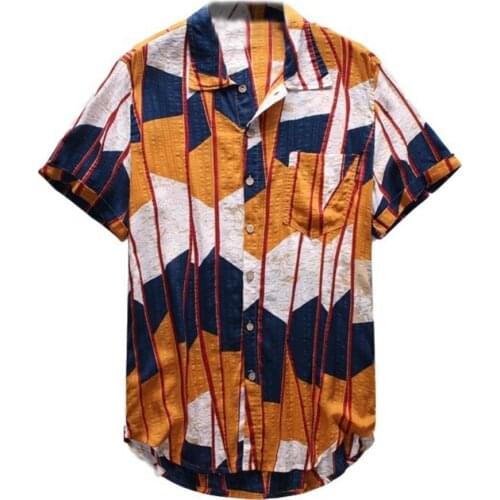 80%HOT Hawaiian Summer Beach Men Color Block Striped Short Sleeve Shirt Button Down Top