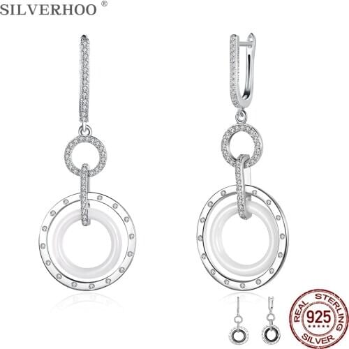 SILVERHOO Simple Double Circle Ceramics Drop Earring Dazzling Zircon Earrings Women Valentines Day Sterling Silver 925 Jewelry