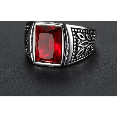 Elegant 3 Color Red Green Black Square Stone Titanium Ring for Man 316L Stainless Steel Fashion Males Cross Ring for Boy