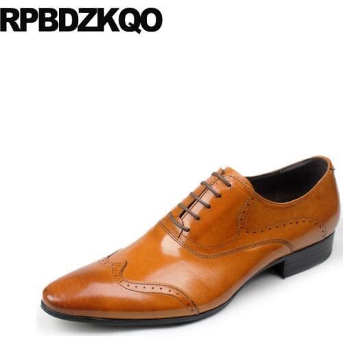 Derby brown cowhide wedding pointed toe wingtip men dress italian leather shoes genuine lace up Italy formal oxfords brogue