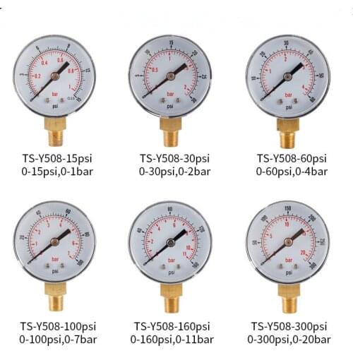0-15/30/60/100/160/300psi 52mm 1/8BSPT Radial Pressure Gauge High Precision Barometer Oil Pressure Gauge Water Pressure Gauges