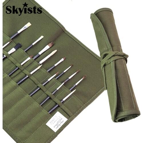 Skyists 1508 Multifunctional 22/30 Holes Canvas Pen Curtain & 15pcs Brushes Art Roll Up Bag/Case Insert Pen/Pencil Storage Bag