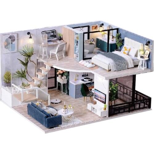 DIY Wooden DollHouse Kits Miniature with Furniture Light Moder Loft Roombox Assembled 3D Model for Children Adult Birthday Gifts