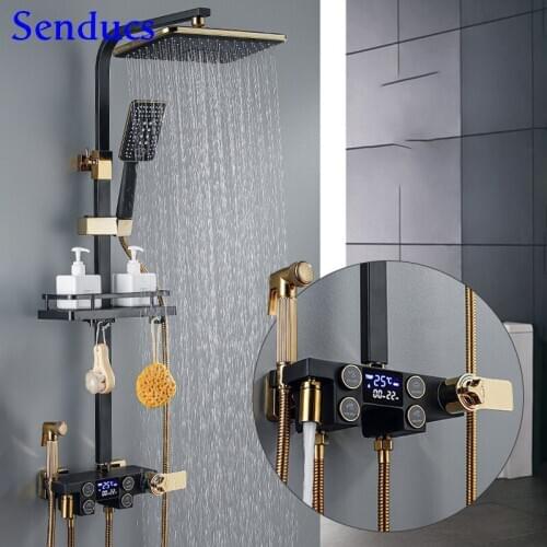 Bathroom Shower Set of Rainfall Bath Shower Head Quality Brass Bathtub Faucet with Matte Black Thermostatic Digital Shower Set