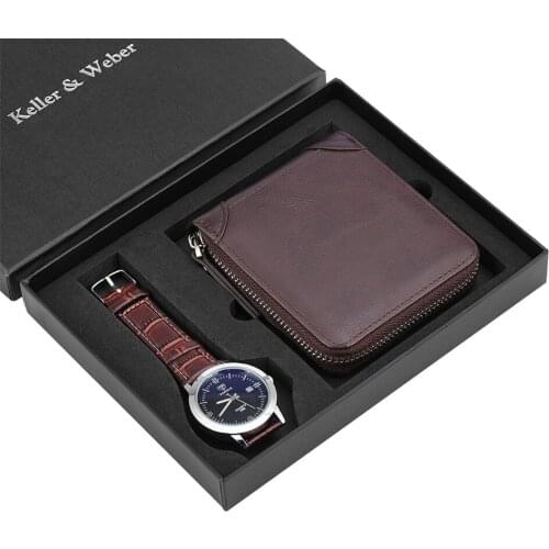 Keller & Weber Watch Set for Men Leather Purse Quartz Wristwatch Gift Sets Fashion Wallet Mens Watches Present for Birthday/Xmas
