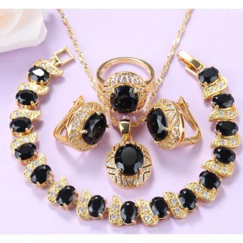 Wedding Bridal Big Jewelry Sets Gold Color African Necklace Sets For Women Black Cubic Zirconia Charm Bracelet And Ring Sets