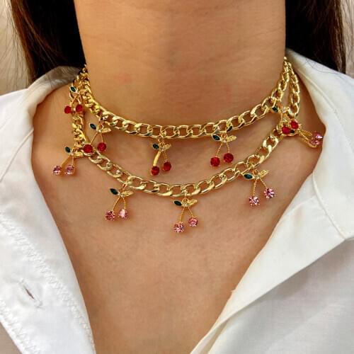 JJFOUCS Charm Crystal Cherry Pendant Necklace for Women Statement Curb Cuban Choker Metal Collar Necklace Girls Hiphop Jewelry