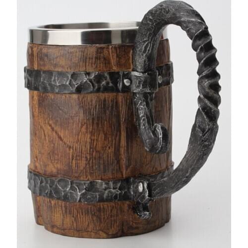 Wooden Barrel Beer Mug,Bucket Shaped Drinkware With Handle,Stainless Steel Doubl