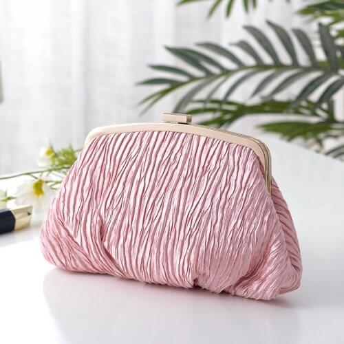 Ruched Women Evening Bags Pink Color Satin Lady Day Clutch Party Wedding Chain Shoulder Handbags Purse