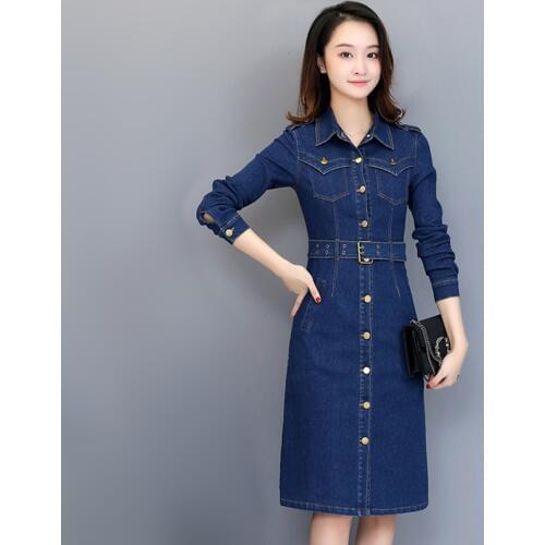 S-3XL New Women Mid-length Denim Dresses Spring Autumn 2021 Fashion Blue Long-sleeve Adjustable Waist Slim Cotton Dress Female