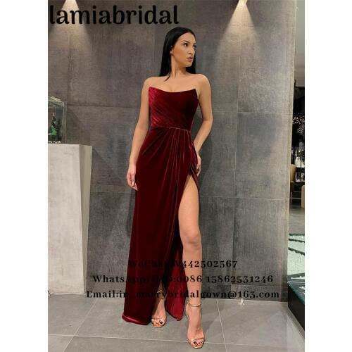 Sexy Burgundy Velvet Mermaid Evening Dresses 2019 Abendkleider Plus Size High Split Yousef Aljasmi Vestidos De Fiesta De Noche