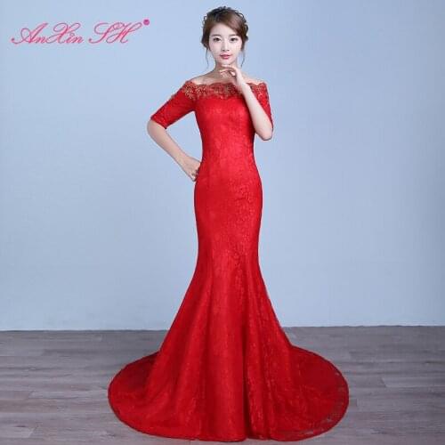 AXJFU princess red flower lace mermaid wedding dress boat neck half sleeve red trumpet court train white lace wedding dress