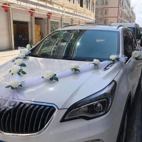 Wedding Car Decoration White Rose Wreath DIY Artificial Flower Bridal Car Decor Ribbons Silk Fake Flower Galand with Tulle Set