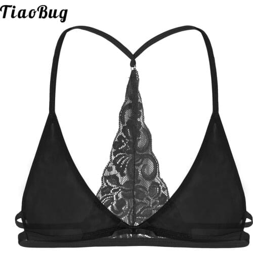 TiaoBug Mens Sissy Lingerie Mesh See Through Sheer Lace Y-Shape Back Wire-Free Unlined Triangle Bralette Bra Top