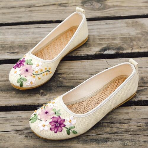 Vintage Embroidered Women Flats Flower Slip Cotton Fabric Linen Comfortable Old Peking Ballerina Flat Shoes Sapato Feminino