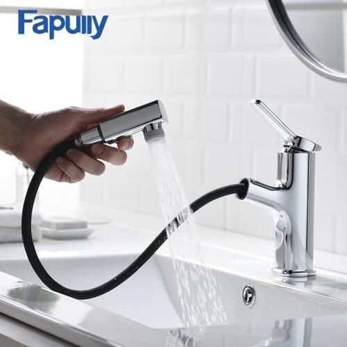 Fapully Basin Faucets Pull Out Chrome Finish Bathroom Sink Faucet Single Handle Two Function Water Outlet Mixer Tap Crane 1092