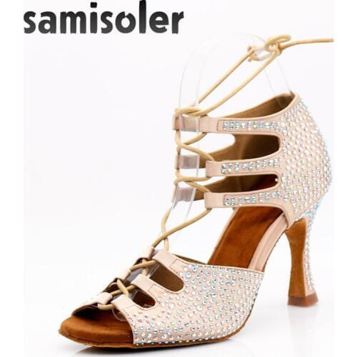 Women Latin Dance Shoes Skin Satin Shining Big small rhinestone dancing shoes Flare heel 9cm Narrow foot Adjust width