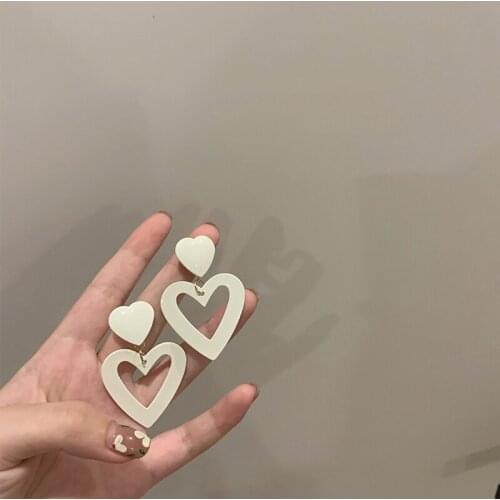 2021 New Fashion Hollow Heart Drop Earrings For Women Trendy White Enamel Sweet Double Love Korean Jewelry Female Girls Gift