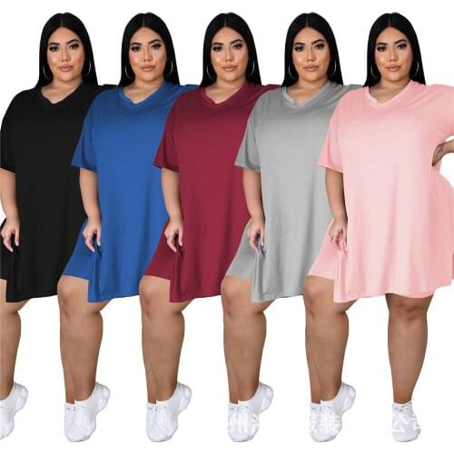 Casual Pure Color Two Piece Sets Women Plus Size V Neck Short Sleeve Slit Loose T-shirts High Waist Biker Shorts Summer Outfits