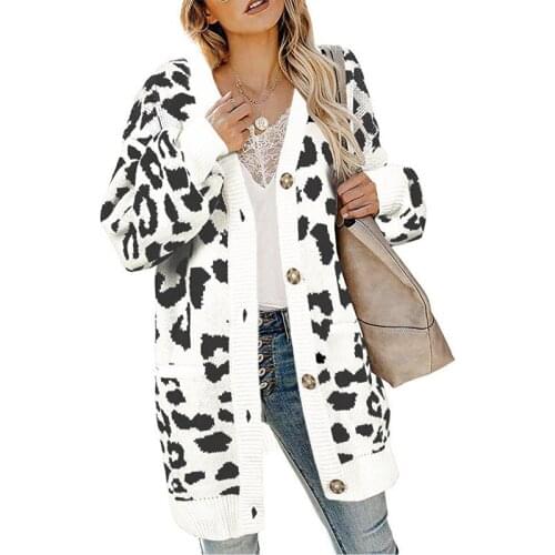 Women knitted sweater white yellow khaki plus size Leopard Cardigan 19 autumn winter new V neck loose fashion long sweater LR530