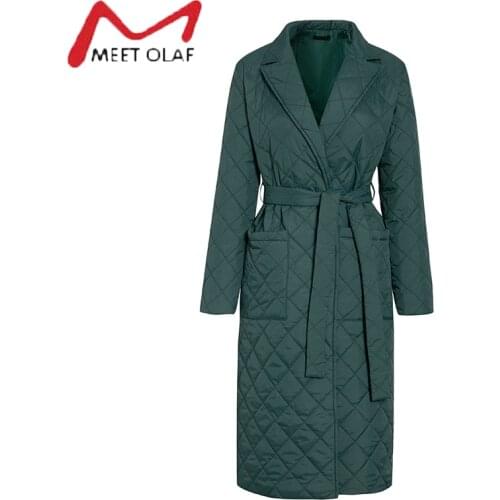 Long straight with rhombus pattern winter coat women Casual sashes parkas Deep pockets tailored collar stylish outerwear