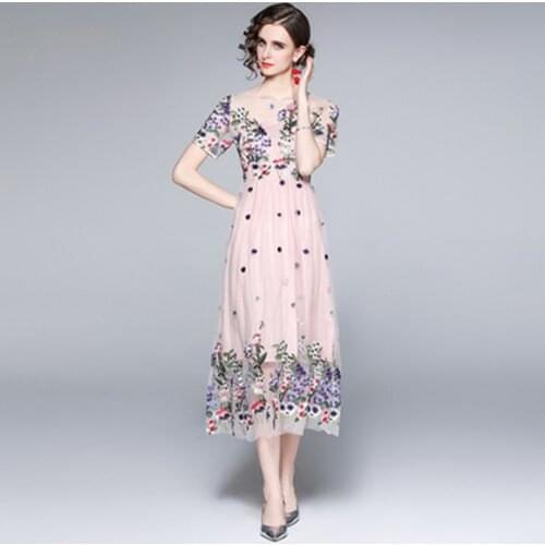 Fashion Runway New 2021 Women Summer Midi Dress Elegant Short Sleeve Mesh High-End Flower Embroidery Ladies Slim A-Line Dresses
