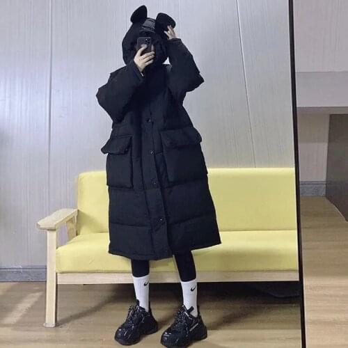 Winter mid-length Overcoat female Japanese preppy style ear hat long sleeve padded jacket y2k Harajuku zipper Oversize outerwear