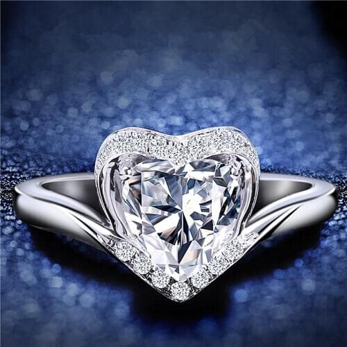 100% Silver 925 Ring For Girl Bride Wedding Bijou Bright Crystal Heart Rings Lady Promise Accessories Fashion Women Jewelry