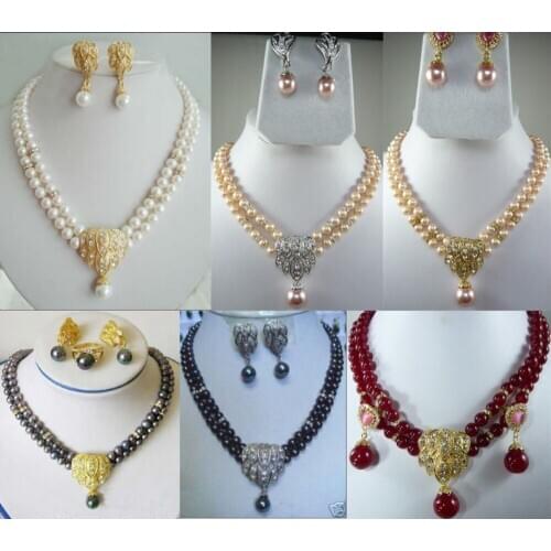 6color-2row white/pink/black pearl green/red stone necklace shell pendant earring can choose jewelry set