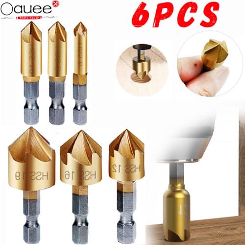 6 Pcs Countersink Drill Bit Set 1/4'' Hex Shank HSS 5 Flute Countersink 90 Degree Wood Chamfering Cutter Chamfer 6mm-19mm