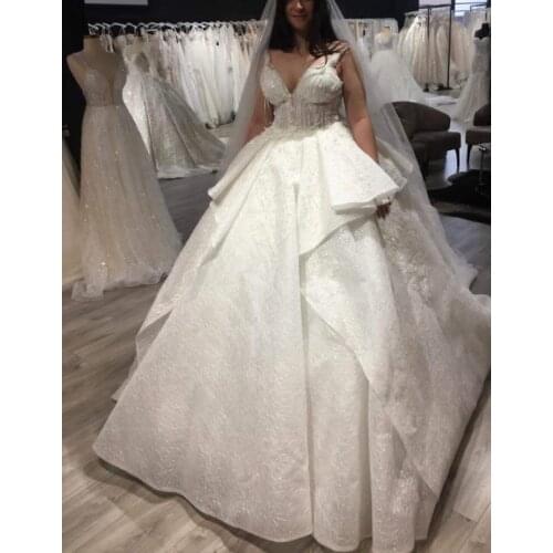 Arabian Design Robe De Mariee Plunging V Neck Beaded Lace Ball Gown Puffy Wedding Dresses