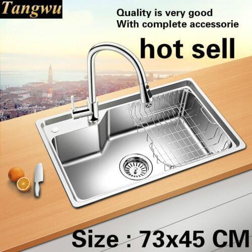 Free shipping Household standard big Kitchen single trough sink food grade 304 stainless steel hot sell 73x45 CM