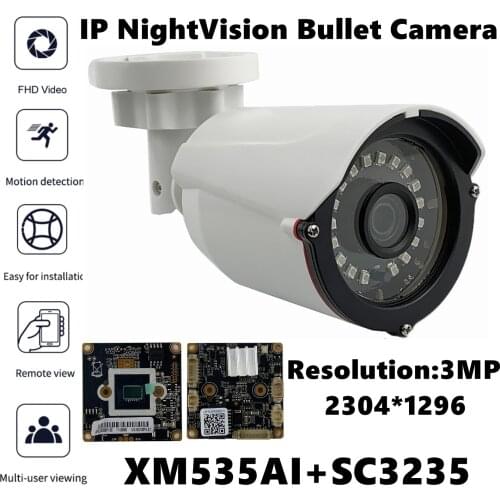 3MP Low illumination XM535AI+SC3235 IP Bullet Camera 2304*1296 Infrared IRC CMS XMEYE ONVIF P2P Cloud Motion Detection RTSP
