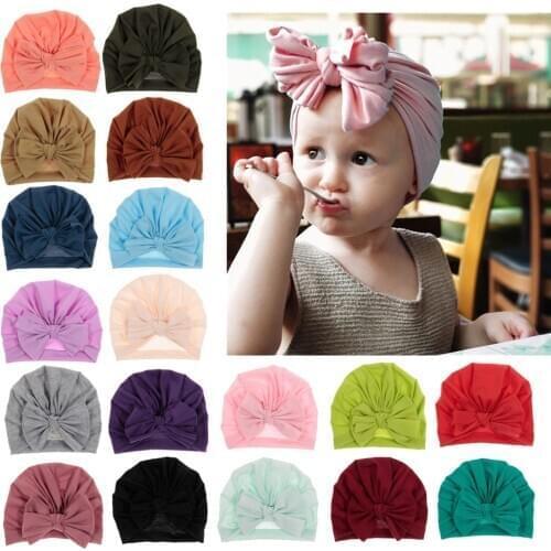 Yundfly Baby Cotton Blend Turban Hats Soft Rabbit Bowknot Kids Caps Children Girls Elastic Headwrap Baby Hair Accessories