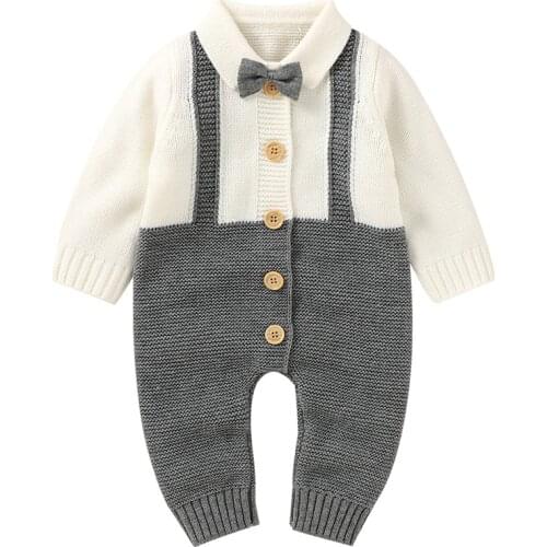 Baby Boy Winter Warm Knit Sweater Rompers Gentleman Bow Tie Jumpsuit 0-18M Newborn Toddler Casual Long Sleeve Playsuit Outfits